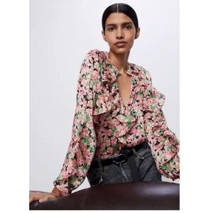 ZARA Ruffle Floral Blouse Pullover Top Size M Long Sleeve Pink Green